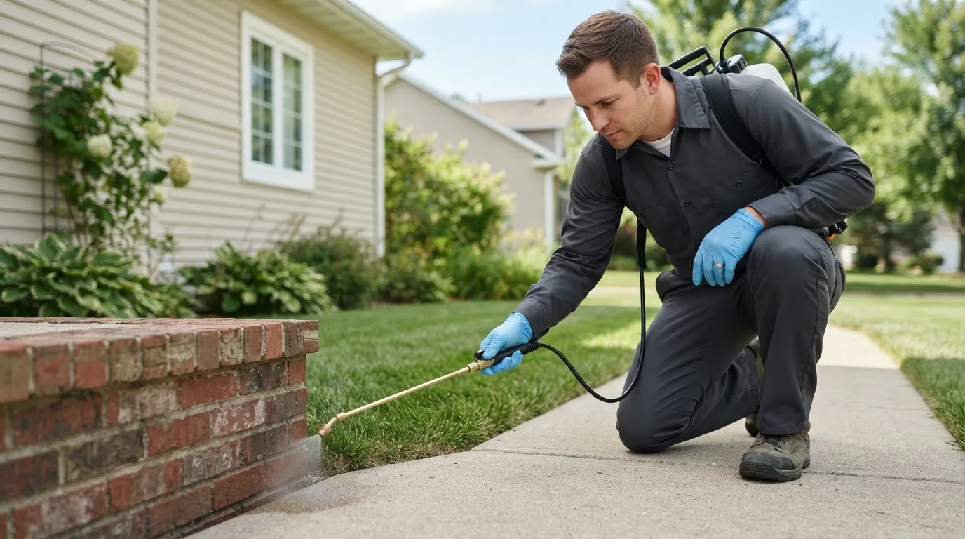 Pest control technician treating a home near Rush City, MN